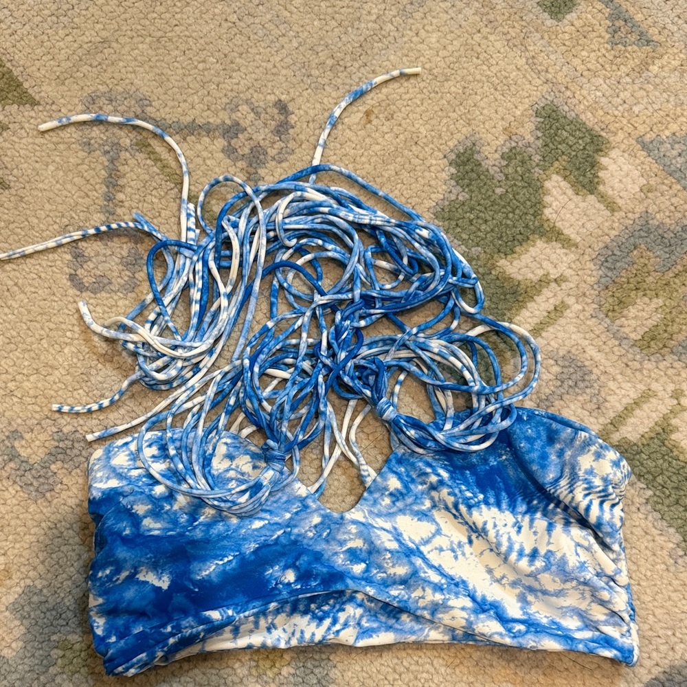 Blue and White Tie-Dye Strappy Bikini Top